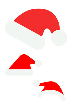 Set of 3 traditional red Santa hats. Minimalist fluffy cap icons. Perfect Christmas clipart for holiday cards, gift tags, winter crafts, stickers, festive decor, digital designs. High-res vector PNG