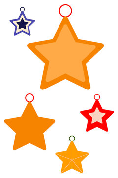 Set of five colorful star-shaped Christmas bauble ornaments PNG. Bright festive holiday decorations perfect for Christmas cards, gift tags, scrapbooking, winter crafts, and digital designs. High-res