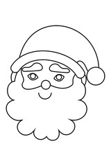 Cute black outline of smiling Santa Claus with hat, fluffy beard, round nose. Minimal line drawing Christmas character for coloring pages, holiday crafts, decorations, festive designs. High-res PNG