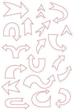 Collection of red outline arrows in various styles and directions. Hand-drawn arrow set including straight, curved, zigzag, U-turn, and double-headed designs on white background for navigation. PNG