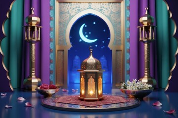 Ramadan lantern and crescent moon archway with decorative elements