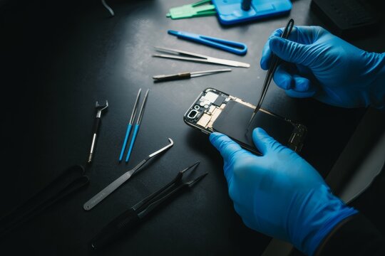 Technician in blue gloves repairs a smartphone with tools