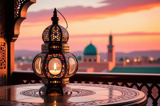 Ornate lantern glows against a sunset over a mosque