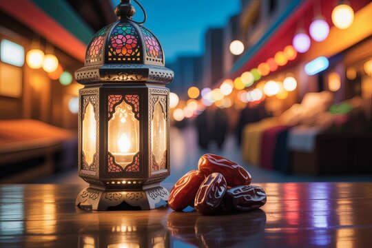 Traditional ramadan lantern and dates on a reflective surface