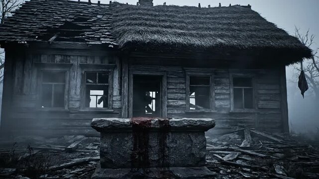 Dilapidated wooden house with stone structure in ominous setting