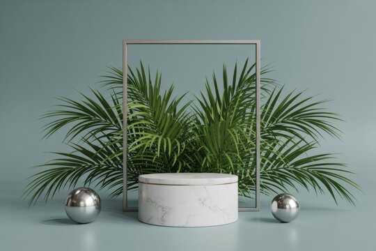 Minimalist product display with tropical greenery and geometric frame