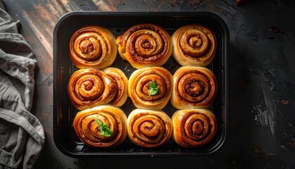 Delicious Cinnamon Rolls in Baking Pan - Freshly Baked Swirls with Glaze, Overhead View, Dark Moody Food Photography