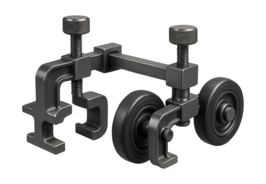 Track laying tools featuring dual rail clamps and adjustable guide wheels.
