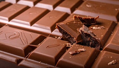 Delicious Dark Chocolate Squares: A Close-Up of Rich, Decadent Chocolate with Broken Piece, Perfect for Food Blogs & Marketing