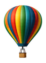 Naklejka premium Vibrant striped hot air balloon with a wicker basket.