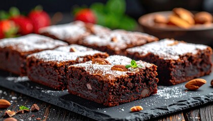 Delicious Homemade Brownies with Almonds and Powdered Sugar - Rich Chocolate Dessert on Slate Board, Perfect for Baking & Sweet Treats