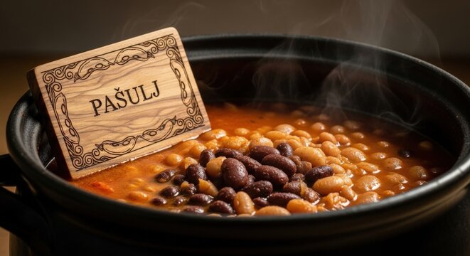 Pasulj Bean Stew with Layered Texture &ndash; Olive Wood Sign 'PASULJ', Bean Pod & Plum Smoke Motifs, Soulful Regional Lighting