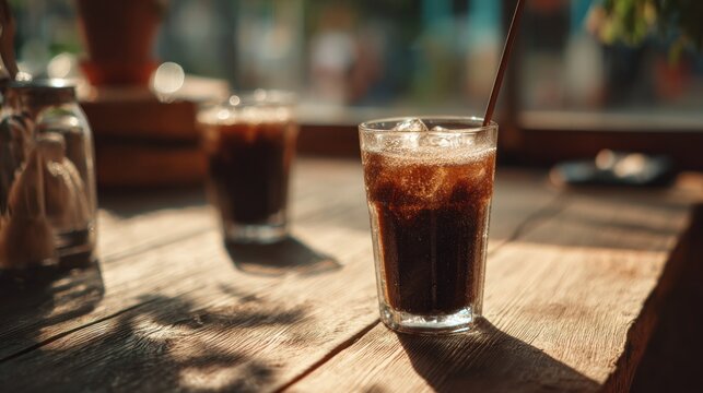 Refreshing cola drinks with ice in glass on rustic wooden table setting