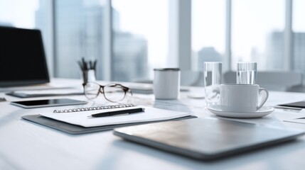 Bright boardroom table scene with devices and coffee in a modern office