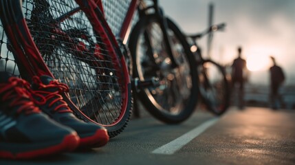 Active morning, bikes and running shoes, a fitness lifestyle, in urban area