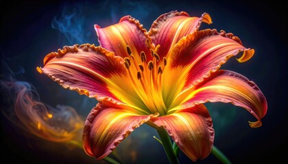 Dramatic Lily Flower Close-Up: Vibrant Orange and Red Petals with Ethereal Light - Floral Beauty in Dark Background