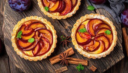 Delicious Plum Tarts: Rustic Autumn Dessert with Fresh Fruit & Spices - Overhead View on Wooden Board