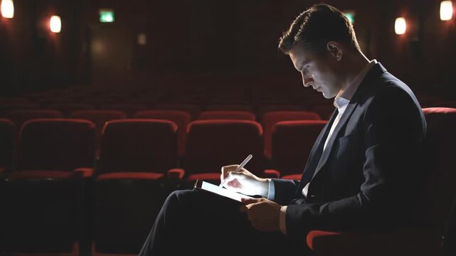Focused businessman in a suit writing on a glowing tablet while sitting alone in an empty dark theater