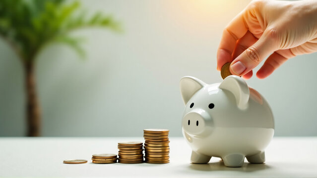 Piggy bank with coins being added showing savings accumulation