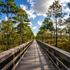 Everglades Boardwalk: Scenic Wooden Path Through Lush Florida Wetlands & Cypress Forest Under a Blue Sky