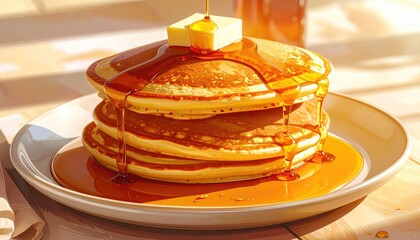 Delicious Stack of Pancakes with Butter and Maple Syrup - Breakfast Food Photography, Warm & Cozy Morning Treat