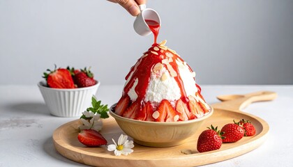 Delicious Strawberry Bingsu: Korean Shaved Ice Dessert with Fresh Strawberries and Sweet Red Syrup - Summer Treat