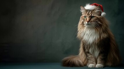 Majestic long haired cat wearing Santa hat Christmas holiday theme