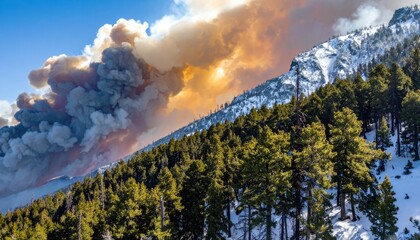 Dramatic Volcanic Eruption with Ash Cloud Over Snowy Mountain Landscape - Natural Disaster & Geological Power