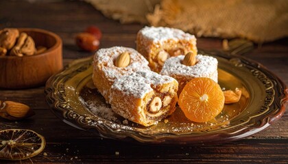 Delicious Walnut Roll Pastry with Powdered Sugar & Citrus: A Sweet Treat for Dessert or Brunch, Beautifully Styled