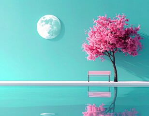 Dreamy Turquoise Landscape with Pink Blossoms & Moon Reflection - Serene Poolside Scene for Relaxation & Wellbeing
