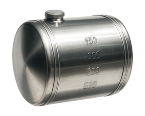 Polished cylindrical aluminum fuel tank with embossed capacity indicators.