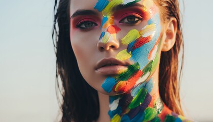 Naklejka premium Artistic close-up portrait of a beautiful woman with colorful, abstract paint on her face.