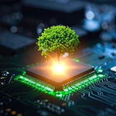 Digital Growth: Tree Sprouting from Microchip - Symbolizing Sustainable Technology & Innovation for a Greener Future