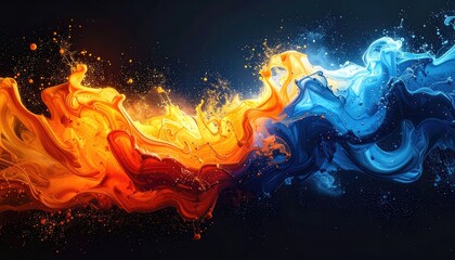 Dynamic Fire and Water Abstract Art: Vibrant Orange Flames Meet Cool Blue Waves - A Stunning Visual Contrast and Energy