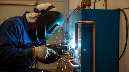 Technician Welding Water Lines for Heater Setup