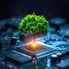 Digital Tree of Life: Concept of Sustainable Technology & Growth on Circuit Board - AI, Innovation, Future