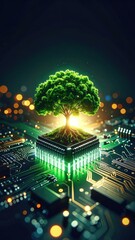 Digital Tree of Life: Green Tree Growing from a Circuit Board - Technology, Nature, and Sustainable Future Concept