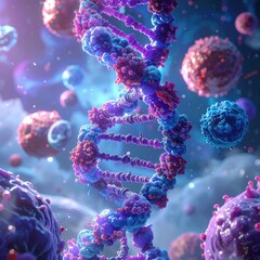 DNA Helix in Cosmic Nebula: Abstract Science Illustration for Biotechnology, Genetics, and Futuristic Medical Research Concepts