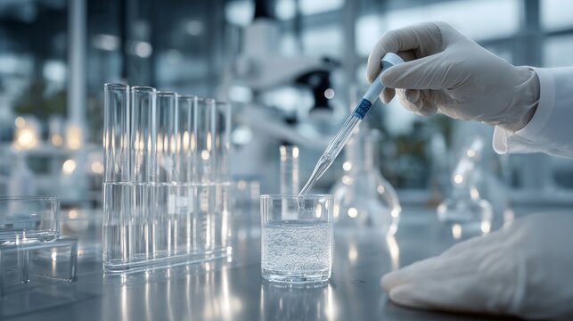 Precision Science in Action: A Close-Up of a Scientist Conducting Experiments with a Pipette in a Modern Laboratory Environment