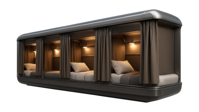 Sleeper train car with personal reading lights and privacy curtains.