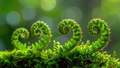Emerging Fern Fronds: Close-Up of Vibrant Green Spirals in a Lush Forest Setting - Nature's Delicate Beauty