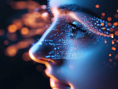 Digital Interface, Woman's face illuminated by flowing particle streams - Powered by Adobe