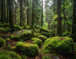 Fototapeta premium Enchanted Forest Floor: Moss Covered Rocks & Sunlight Through Trees - A Serene Woodland Scene
