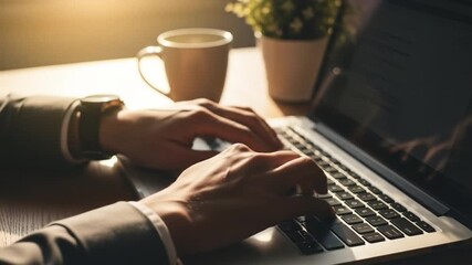 Man types on laptop with coffee cup and plant nearby on a desk