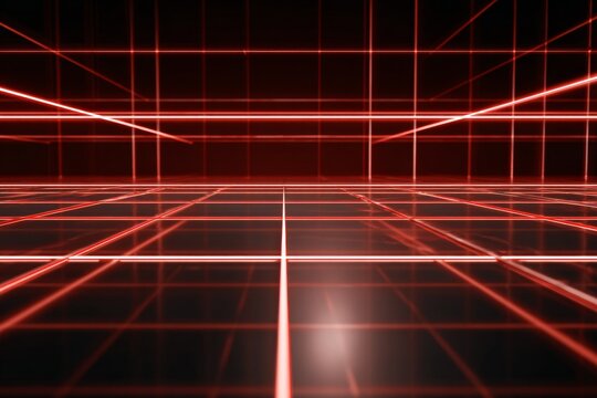 Futuristic crime scene with bold red laser beams creating a grid pattern in a dark environment