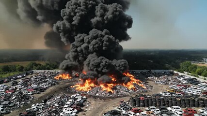 Drone Footage Over Car Junkyard Fire Black Smoke Billowing Sky - Powered by Adobe