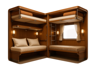 Sleeper car with six-berth compartments and foldable beds.
