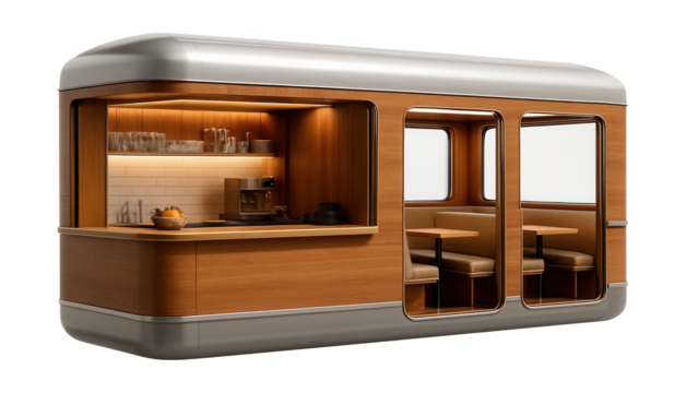 Compact buffet car featuring a service counter and cozy dining tables.