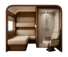 Premium sleeper carriage featuring an en-suite bathroom with a contemporary shower.
