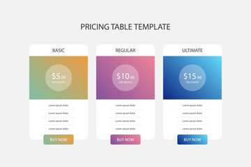 Modern pricing table template with three tiers for business websites